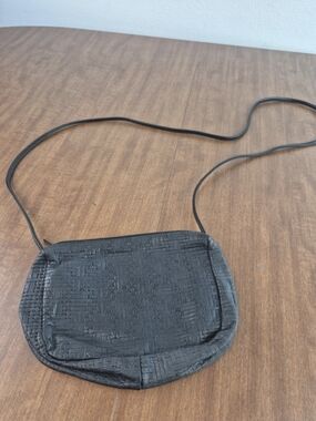 Vintage Conchita Woven Patter Textured Black Crossbody Mini Bag with Slim Strap